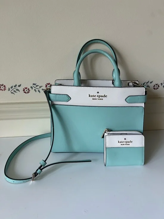 Kate Spade Mint / Blue and White Leather Satchel with Matching Wallet - Picture 6 of 6